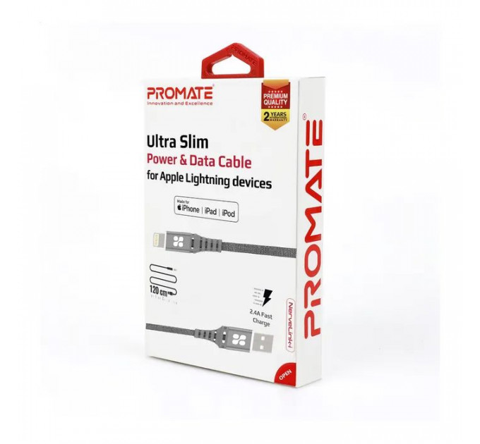 Дата кабеля USB 2.0 AM to Lightning 1.2m grey Promate (nervelink-i.grey)