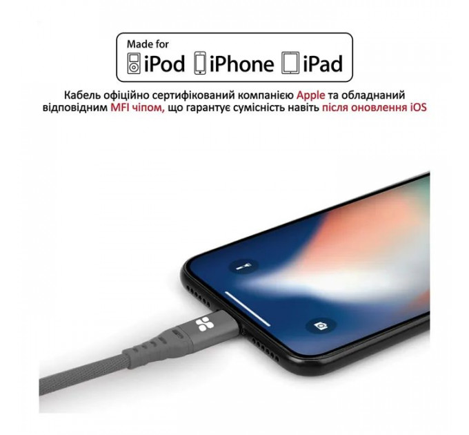 Дата кабеля USB 2.0 AM to Lightning 1.2m grey Promate (nervelink-i.grey)