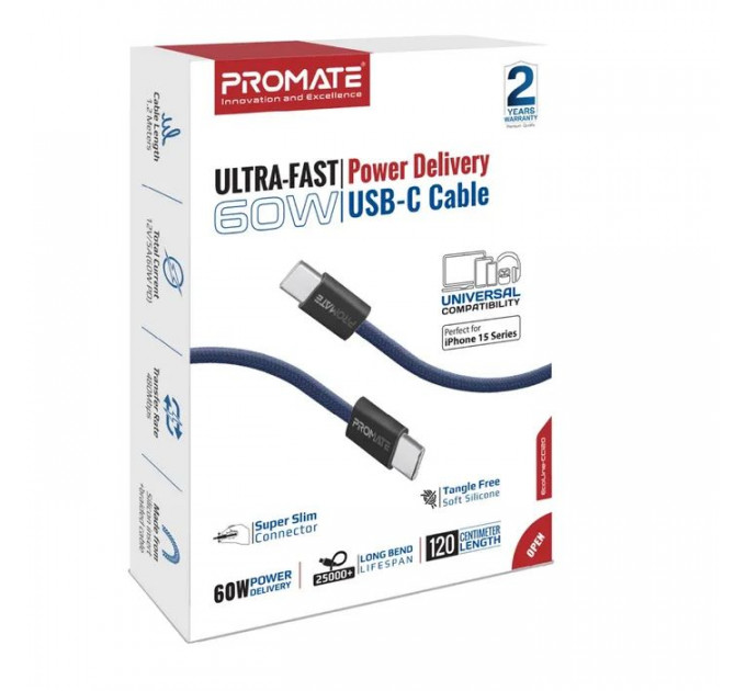 Дата кабеля USB-C to USB-C 1.2m Promate (ecoline-cc120.navy)