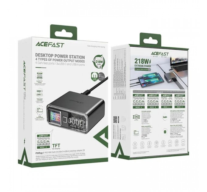Зарядний пристрій Acefast 4xUSB 218W (3xUSB-C + USB-A) Gan Z4 Fast Charger (6974316282587)