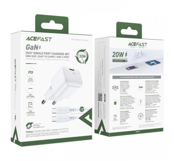 Зарядний пристрій Acefast USB-C 30W Gan A77 mini + USB-C cable Fast Charger White (6974316282853)