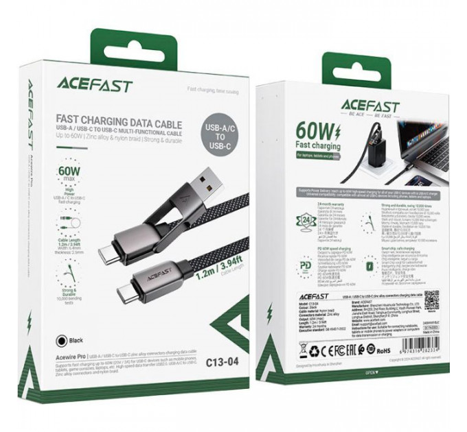 Дата кабеля USB-C + USB-A to USB-C 1.2m 3.0A zink alloy C13-04 Black Acefast (6974316282334)