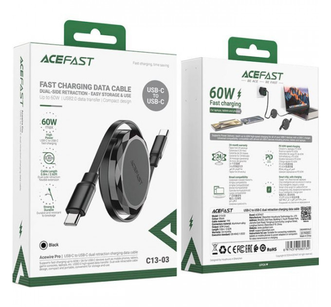 Дата кабель USB-C to USB-C 0.8m 60W dual retraction C13-03 Black Acefast (6974316280132)