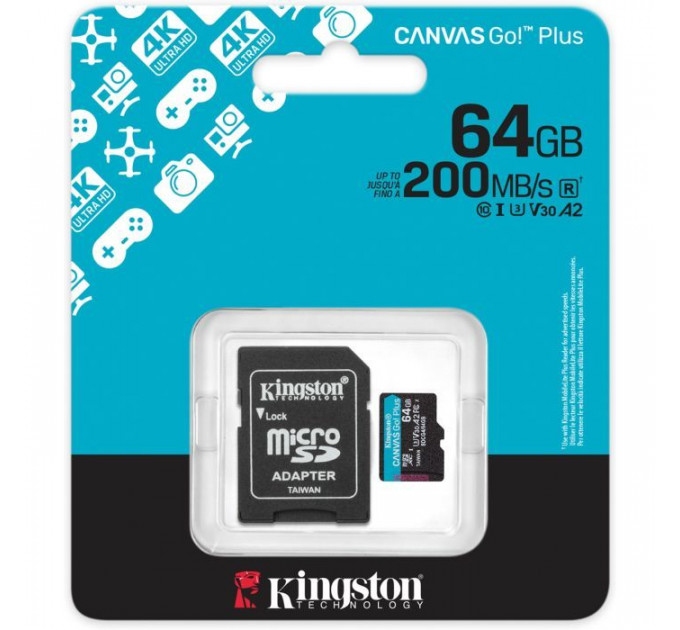 Карта памяти Kingston 64GB microSDXC сlass 10 UHS-I U3 V30 A2 Canvas Go Plus G4 (SDCG4\/64GB)