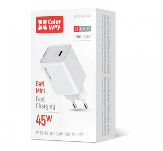 Зарядное устройство ColorWay GaN Mini 45W PD Port PPS USB-C white (CW-CHS057PD-WT)