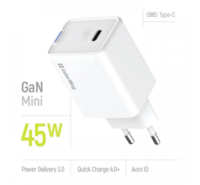 Зарядное устройство ColorWay GaN Mini 45W PD Port PPS USB-C white (CW-CHS057PD-WT)