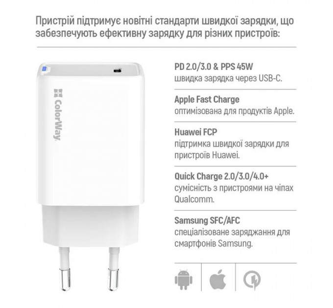 Зарядное устройство ColorWay GaN Mini 45W PD Port PPS USB-C white (CW-CHS057PD-WT)