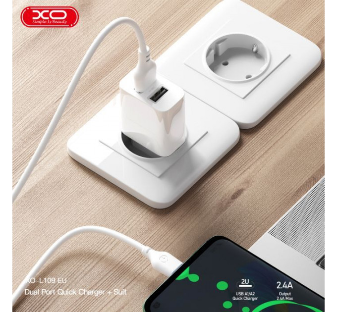 Зарядний пристрій XO L109 12W 2xUSB-A White (L109_White)