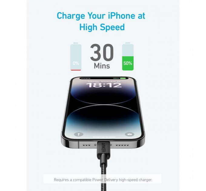 Дата кабеля USB-C to Lightning 1.8m nylon 322 black Anker (A81B6G11)