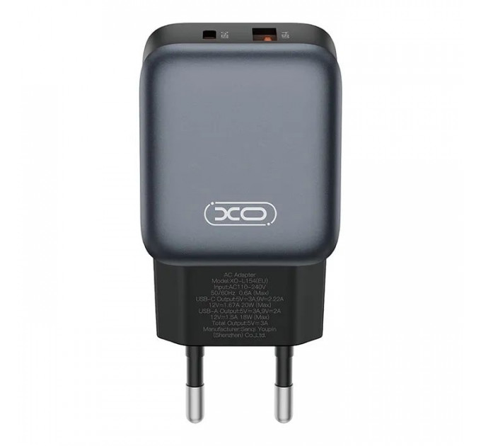 Зарядний пристрій XO L154 USB-C PD20W + USB-A QC3.0 Black (L154.black)