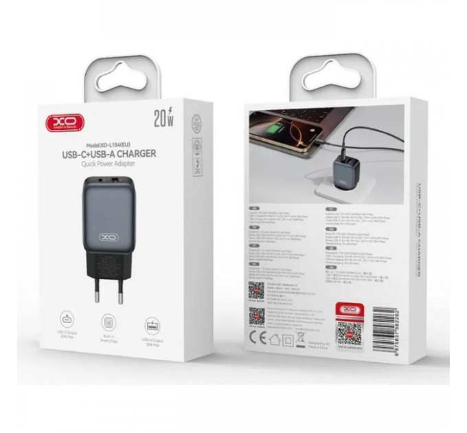 Зарядний пристрій XO L154 USB-C PD20W + USB-A QC3.0 Black (L154.black)