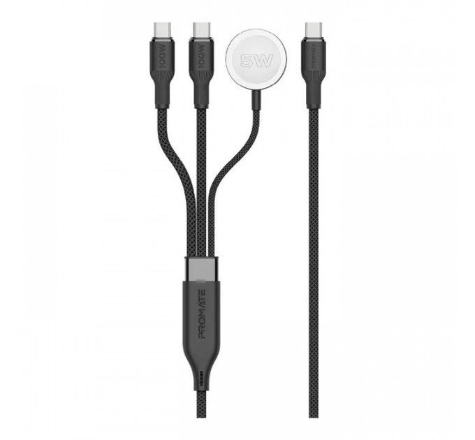 Дата кабель USB-C to 2xUSB-C 100W + Apple Watch 5W 1.4m FUSION-CCW black Promate (fusion-ccw.black)