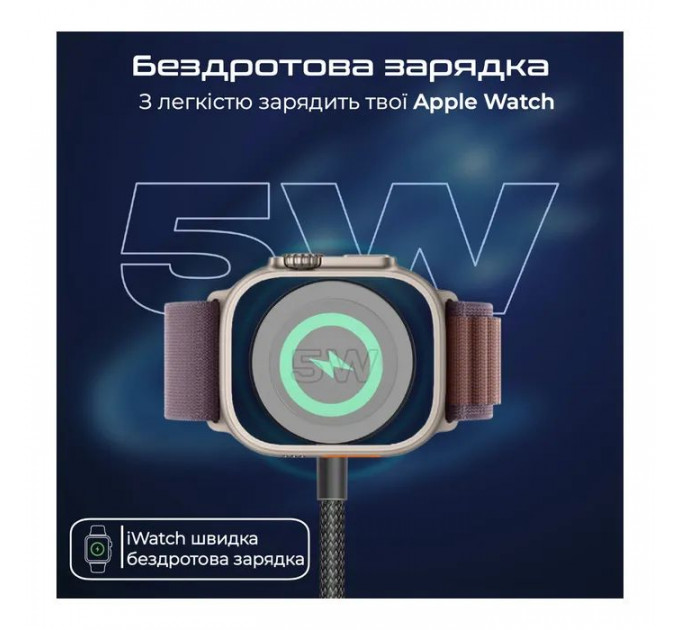 Дата кабель USB-C to 2xUSB-C 100W + Apple Watch 5W 1.4m FUSION-CCW black Promate (fusion-ccw.black)
