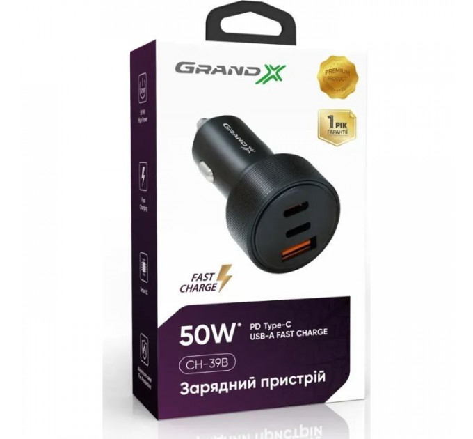 Зарядний пристрій Grand-X CH-39B 50W 1xUSB + 2xUSB-C PD + QC3.0 AFC FCP SCP VOOC Black (CH-39B)