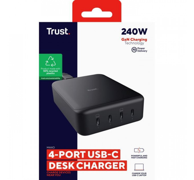 Зарядний пристрій Trust Maxo 4xUSB-C PD240W GaN Black (25413_TRUST)
