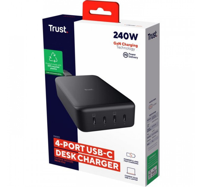 Зарядний пристрій Trust Maxo 4xUSB-C PD240W GaN Black (25413_TRUST)
