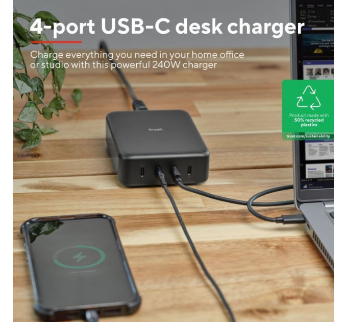 Зарядний пристрій Trust Maxo 4xUSB-C PD240W GaN Black (25413_TRUST)