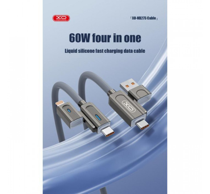 Дата кабель USB 2.0 AM to USB-C + USB 2.0 AM to Lightning 1.0m 60W gray XO (NB275_4-in-1_Gray)