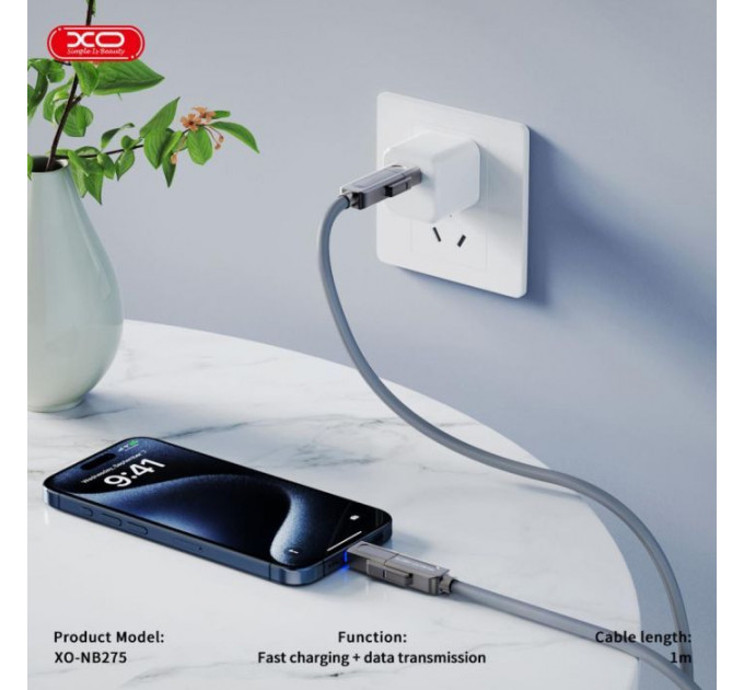 Дата кабель USB 2.0 AM to USB-C + USB 2.0 AM to Lightning 1.0m 60W gray XO (NB275_4-in-1_Gray)