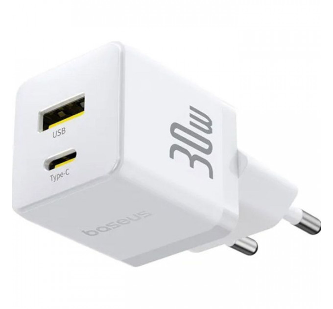 Зарядний пристрій Baseus 1xUSB-C 30W + 1xUSB white (P1011160A213-00)