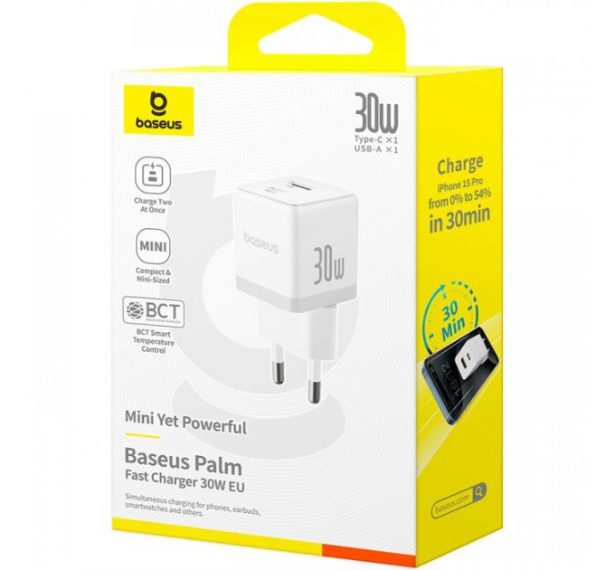 Зарядний пристрій Baseus 1xUSB-C 30W + 1xUSB white (P1011160A213-00)