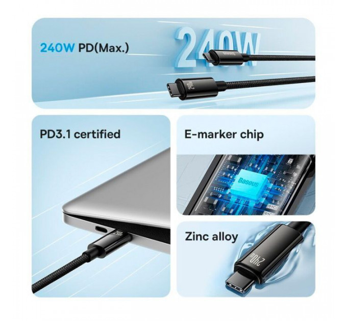 Дата кабель USB-C to USB-C 2.0m 240W Black Baseus (CAWJ040101)