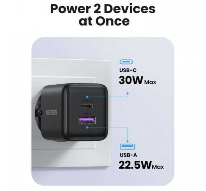 Зарядний пристрій Ugreen USB + USB-C GaN 30W X516 black (65014)