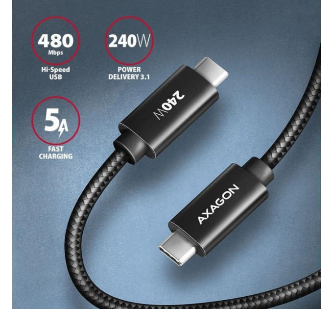Дата кабель USB-C to USB-C 2.0m USB 2.0 PD 240W 5A black AXAGON (BUCM2-CM20AB)