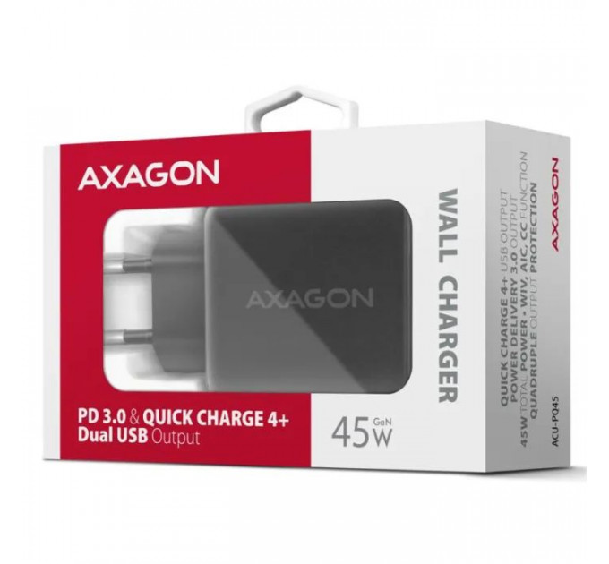 Зарядное устройство для AXAGON 1xUSB QC4.0 + 1xUSB-C PD45W PPS black (ACU-PQ45)