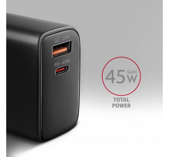 Зарядное устройство для AXAGON 1xUSB QC4.0 + 1xUSB-C PD45W PPS black (ACU-PQ45)