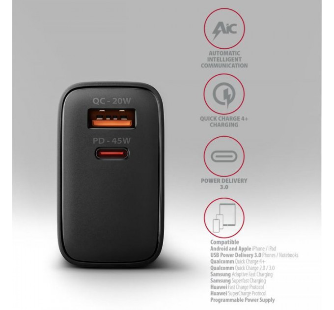 Зарядное устройство для AXAGON 1xUSB QC4.0 + 1xUSB-C PD45W PPS black (ACU-PQ45)