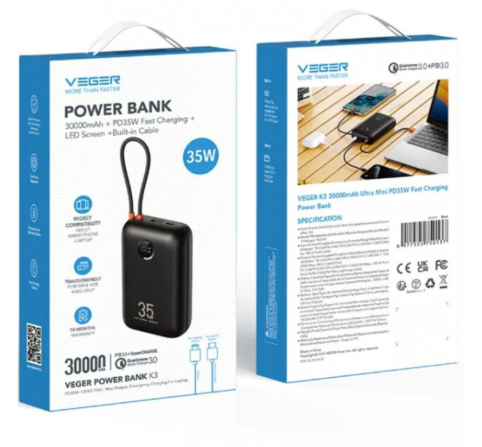 Батарея универсальная VEGER 30000mAh K3 35W PD QC3.0 black (6977525750137)