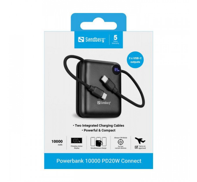 Батарея універсальна Sandberg 10000mAh PD\/3.1\/20W, QC\/3.0, USB-C In\/Out, with 2 cables USB-C (421-26)