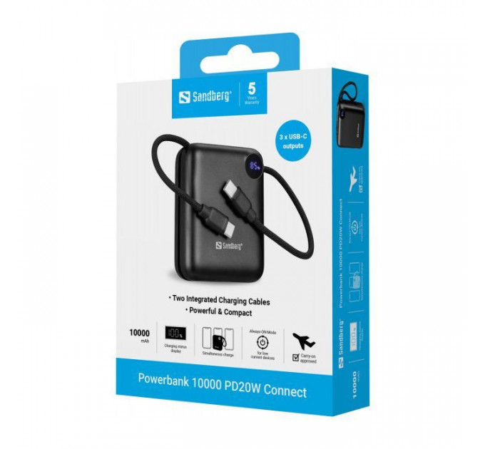 Батарея універсальна Sandberg 10000mAh PD\/3.1\/20W, QC\/3.0, USB-C In\/Out, with 2 cables USB-C (421-26)