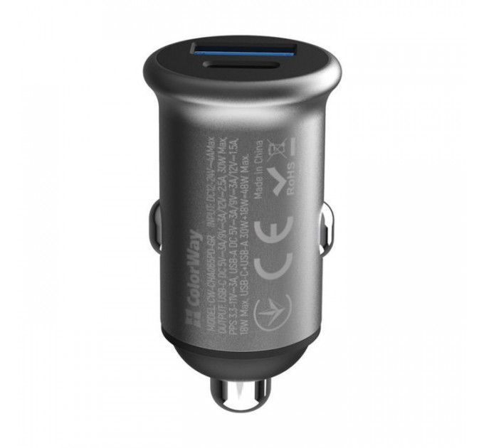 Зарядное устройство для ColorWay USB-C PD30W + USB QC3.0 car adapter (CW-CHA065PD-GR)