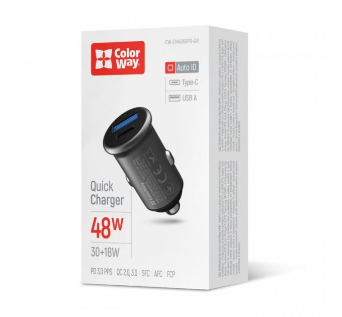 Зарядное устройство для ColorWay USB-C PD30W + USB QC3.0 car adapter (CW-CHA065PD-GR)