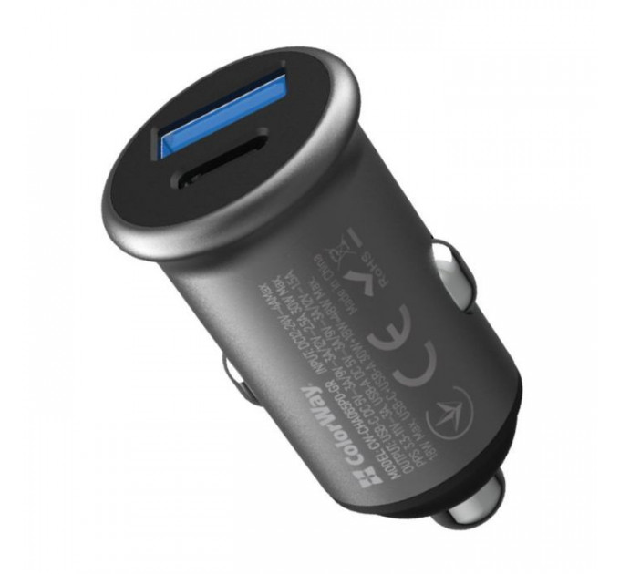 Зарядное устройство для ColorWay USB-C PD30W + USB QC3.0 car adapter (CW-CHA065PD-GR)