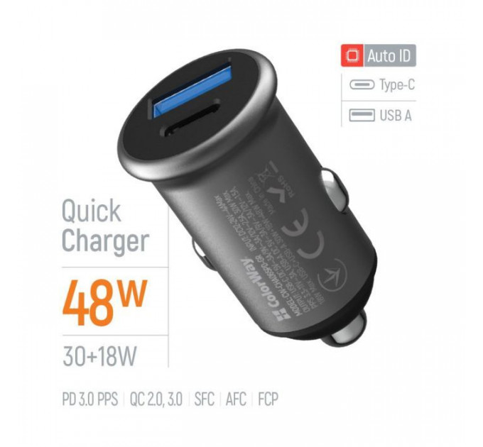 Зарядное устройство для ColorWay USB-C PD30W + USB QC3.0 car adapter (CW-CHA065PD-GR)
