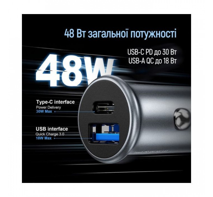Зарядное устройство для ColorWay USB-C PD30W + USB QC3.0 car adapter (CW-CHA065PD-GR)