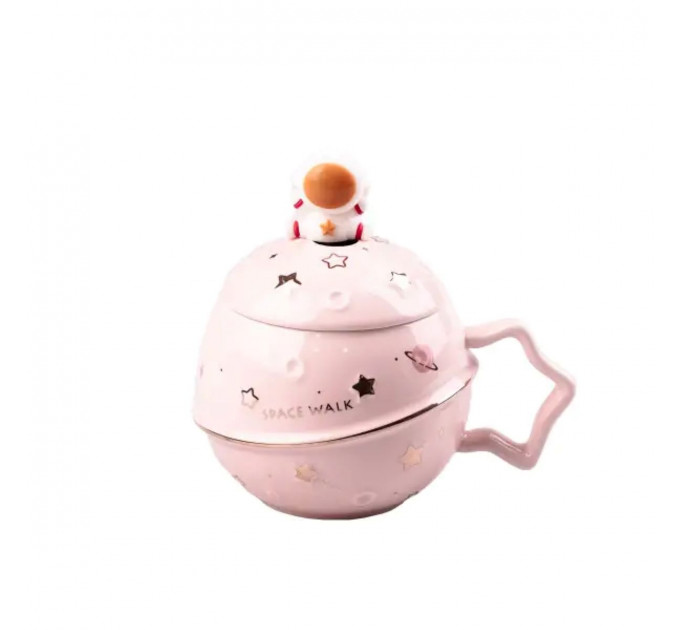Чашка фарфорова Space Walk 400мл з кришкою та ложкою Розовий HPCY8282P Чашка фарфорова Space Walk 400мл з кришкою та ложкою Розовий HPCY8282P