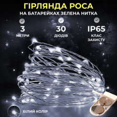 Світлодіодна гірлянда Роса 3 метри на батарейках 30 led нитка на зеленому дроті біла 30L3MGW Світлодіодна гірлянда Роса 3 метри на батарейках 30 led нитка на зеленому дроті біла 30L3MGW
