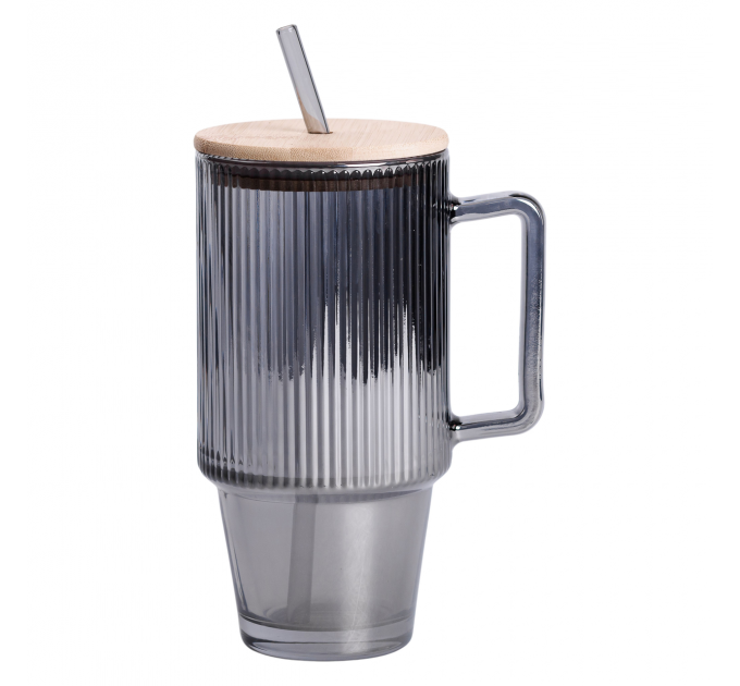 Кружка скляна з кришкою та трубочкою 750 (мл) Сірий HP-19-50