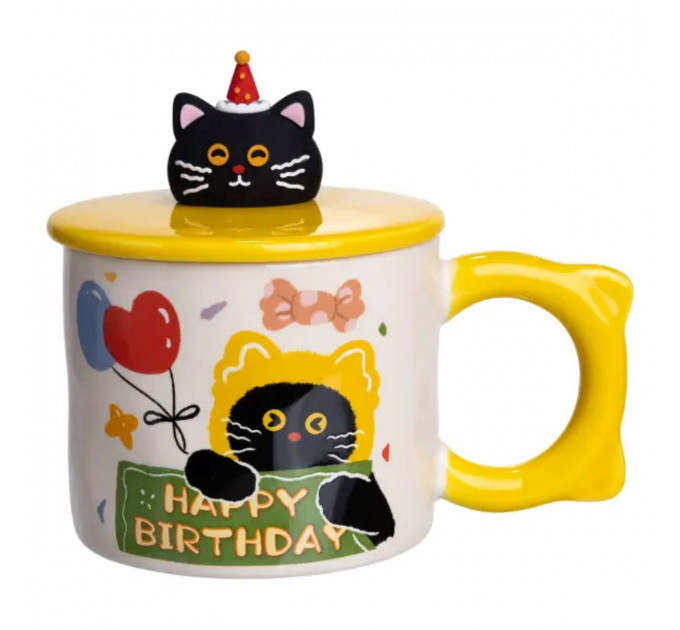Чашка порцелянова з кришкою Kitten's Birthday 400 (мл) подарункова кружка прикольна чашка для дітей на подарунок Жовтий FM-24B