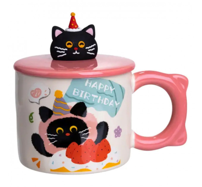Чашка порцелянова з кришкою Kitten's Birthday 400 (мл) подарункова кружка прикольна чашка для дітей на подарунок Рожевий FM-24C