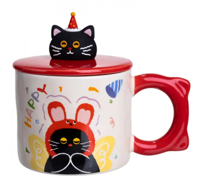 Чашка порцелянова з кришкою Kitten's Birthday 400 (мл) подарункова кружка прикольна чашка для дітей на подарунок Червоний FM-24D