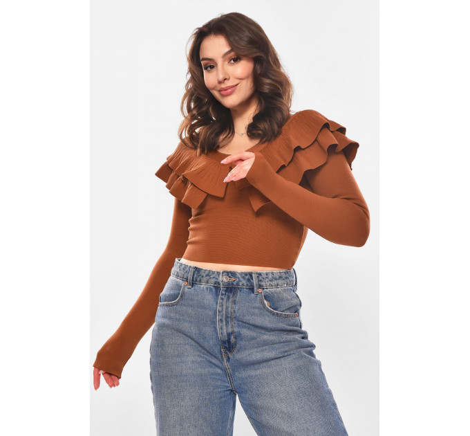 Кофта жіноча з рюшами однотонна коричневого кольору Fashion 7090 40-42 Коричневий (210178)